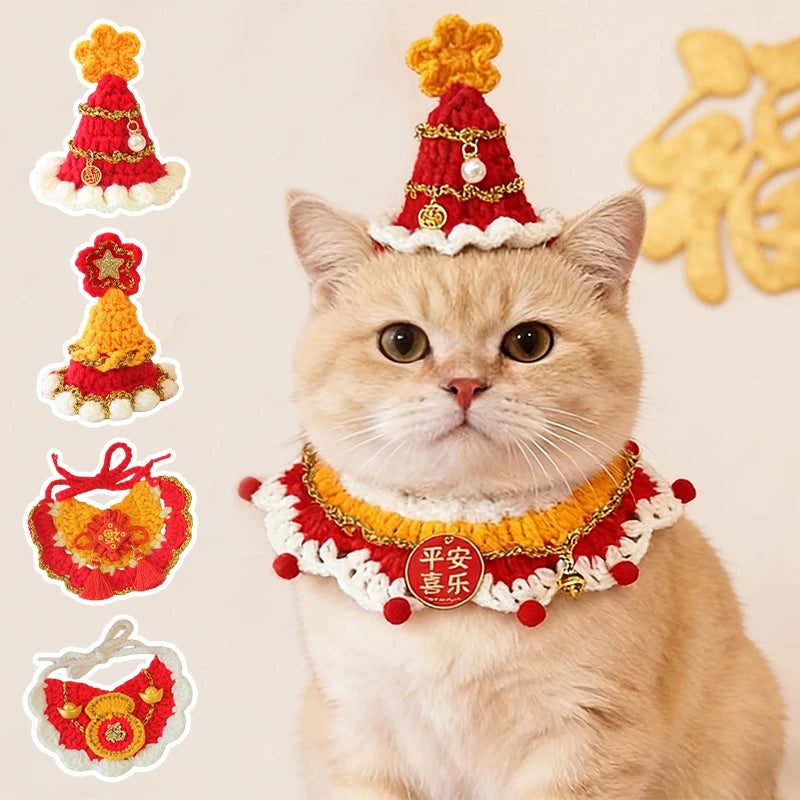 New Year Cat Collar Pet Cat Dog Scarfs Crocheted Kitten Puppy Collar Spring Festival Cat Cosplay Costume Pet Accessiories