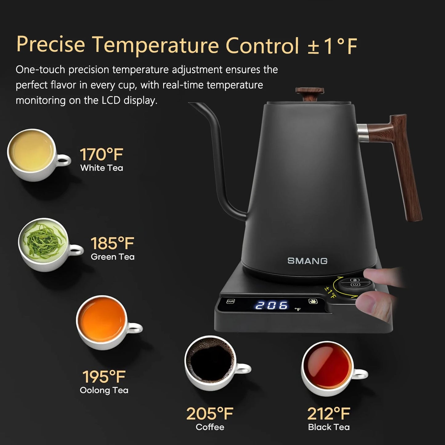 SMANG 1200W Gooseneck Electric Kettle 1L Temperature Control Coffee Kettle Pour Over Coffee Kettle Coffee and Tea Kettle