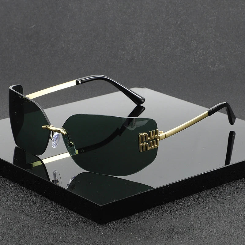 Women Brand Designer Rivets Rectangle Gradient Curved Shades Classic Sun Glasses Female Funky Metal Luxury Rimless Sunglasses
