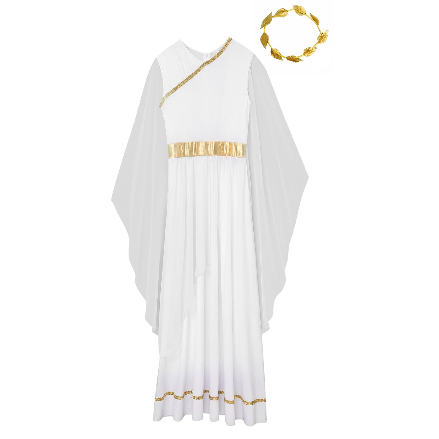 Womens Halloween Greek Beauty Carnival Cosplay Party Costumes Gold Leaves Garland Headwear And Cap Sleeve Ancient Toga Dress
