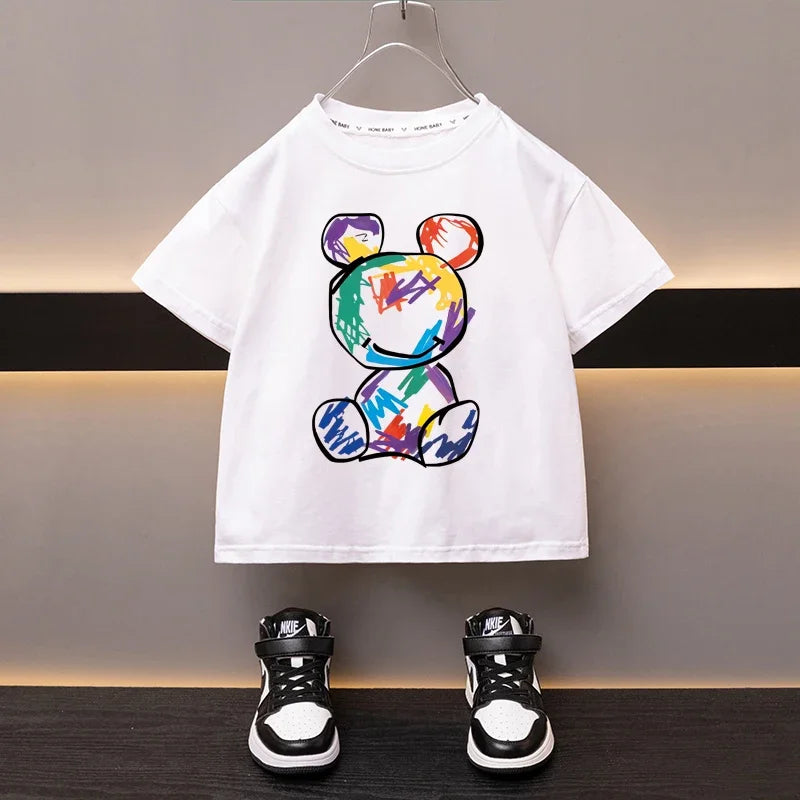 Boys Cotton T-shirt Cartoon Graffiti Bear Printed Girls Tees Summer Short Sleeve Children Tops High Quality Casual Kids Clothes