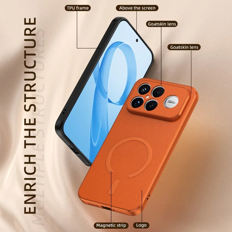 For POCO F8 Ultra Goat Leather TPU Frame Shockproof Case For Redmi K90 Pro Max Built-in Magnetic Strip Lens Protection Shell