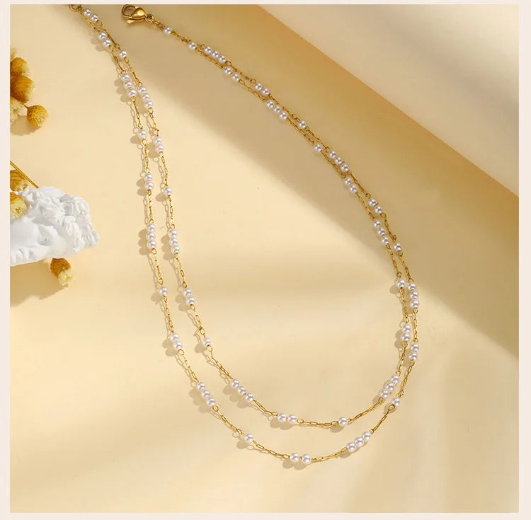 Pearl Choker Necklaces For Women, Double Layered Pearls Chain Necklace, Minimalist Stainless Steel Wedding Jewelry