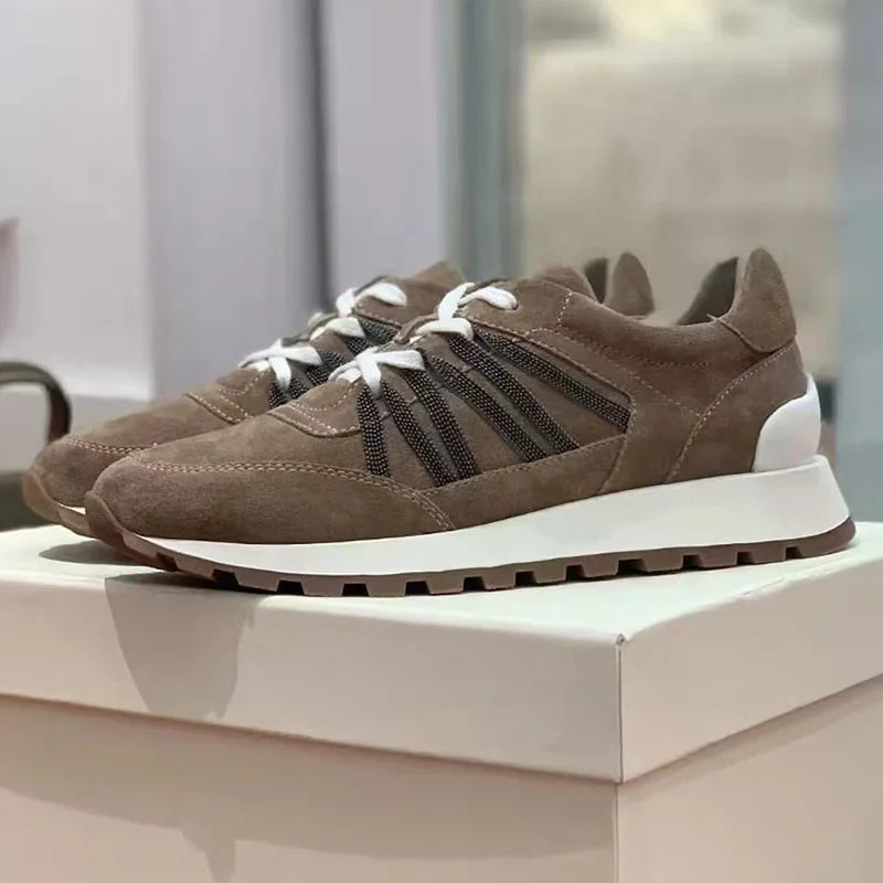 New Casual Shoes Women Suede Patchwork Round Toe Lace Up Genuine Leather Comfy Outdoor Walking Shoes Woman Sneakers Female