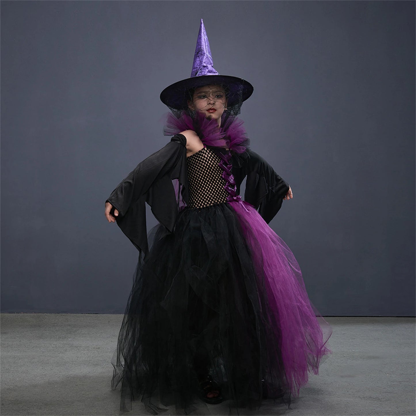 Halloween Witch Costume For Girls Kids Long Veil Dress Princess Dress Birthday Party Dress Stage Performance Dress