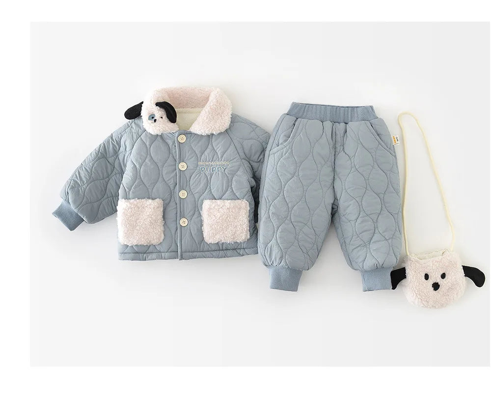 2025 Winter New Baby Warm Clothes Set Boys Girls Cute Lapel Padded Jacket + Pants 2pcs Suit Plus Velvet Thick Infant Outfits