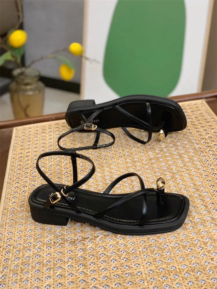 Sandals Women 2024 Summer New Fashion Square Toe Roman Shoes Simple Fairy Strap Women Shoes Flat Casual Shoe Sandalias De Mujer