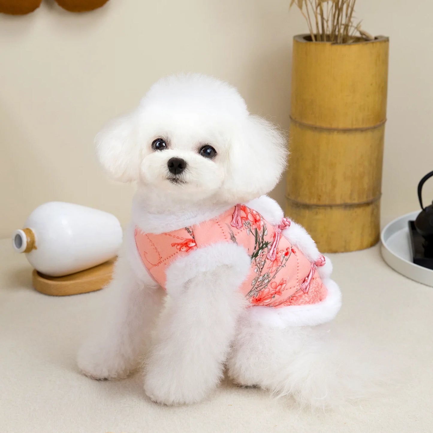 Vintage Pet Winter Warm Coat Puppy Clothes for Small and Medium Doggy Pomeranian Chihuahua Jacket With Flower Outdoor Clothing