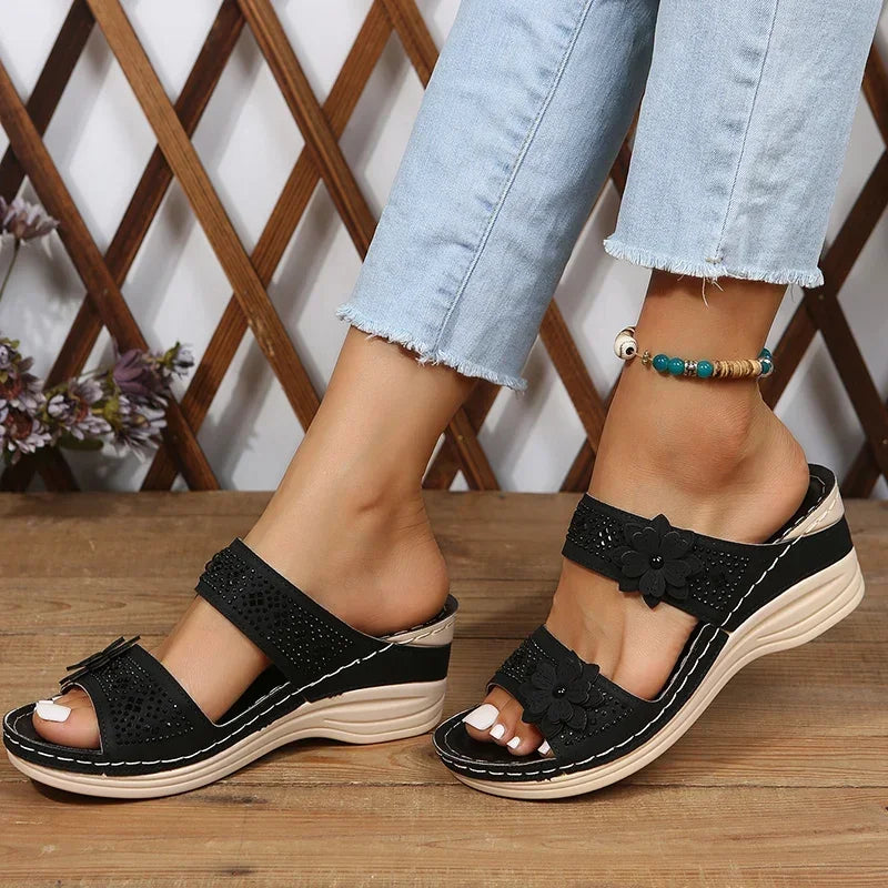 2024 Summer Women Slippers Plus Size Women's Shoes Retro Roman Sandals Women Pu Casual Flower Wedge Sandals Platform Slippers