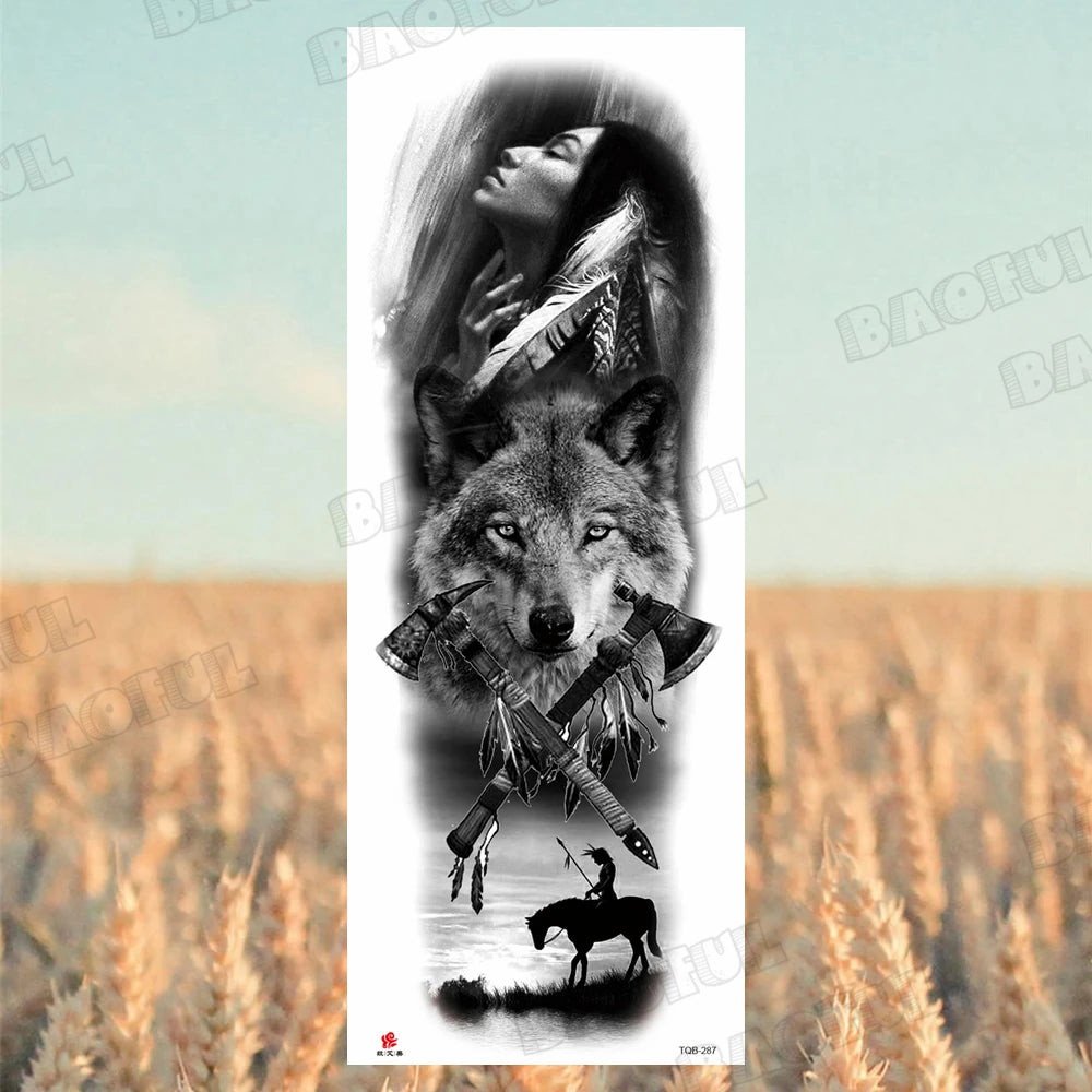 BAOFUL Full Arm Sleeve Temporary Tattoos For Women Men Realistic Wolf Lion Warrior Maori Fake Tattoo Stickers Thigh Leg Tatoos