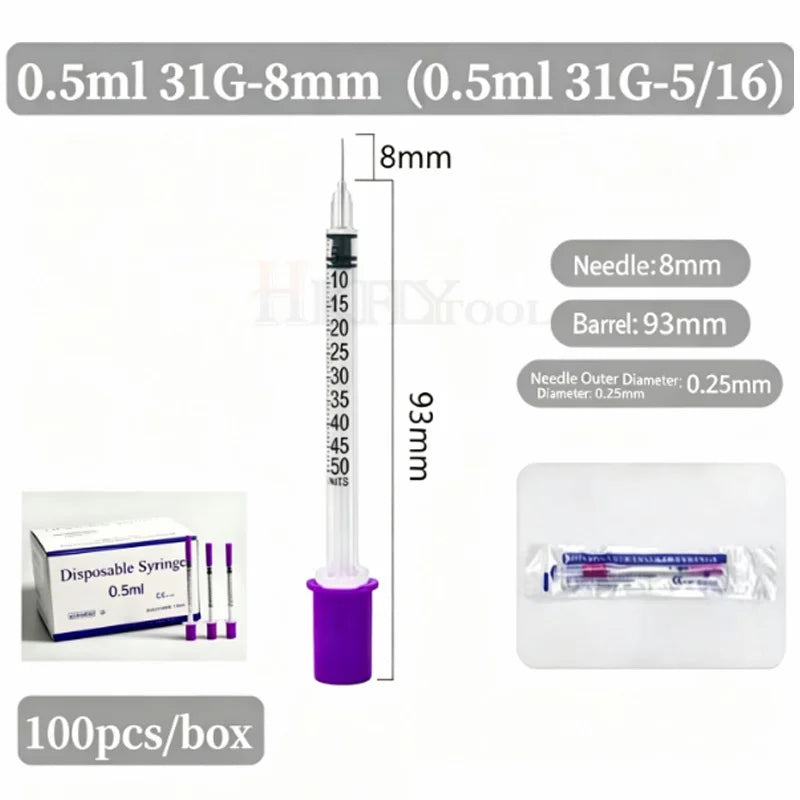 100pcs/box 0.3ml/0.5ml/1ml Disposable Sterile Syringes with 31G 6mm 8mm 29G 13mm 30G Needles for Lab Measuring Pet Feeding