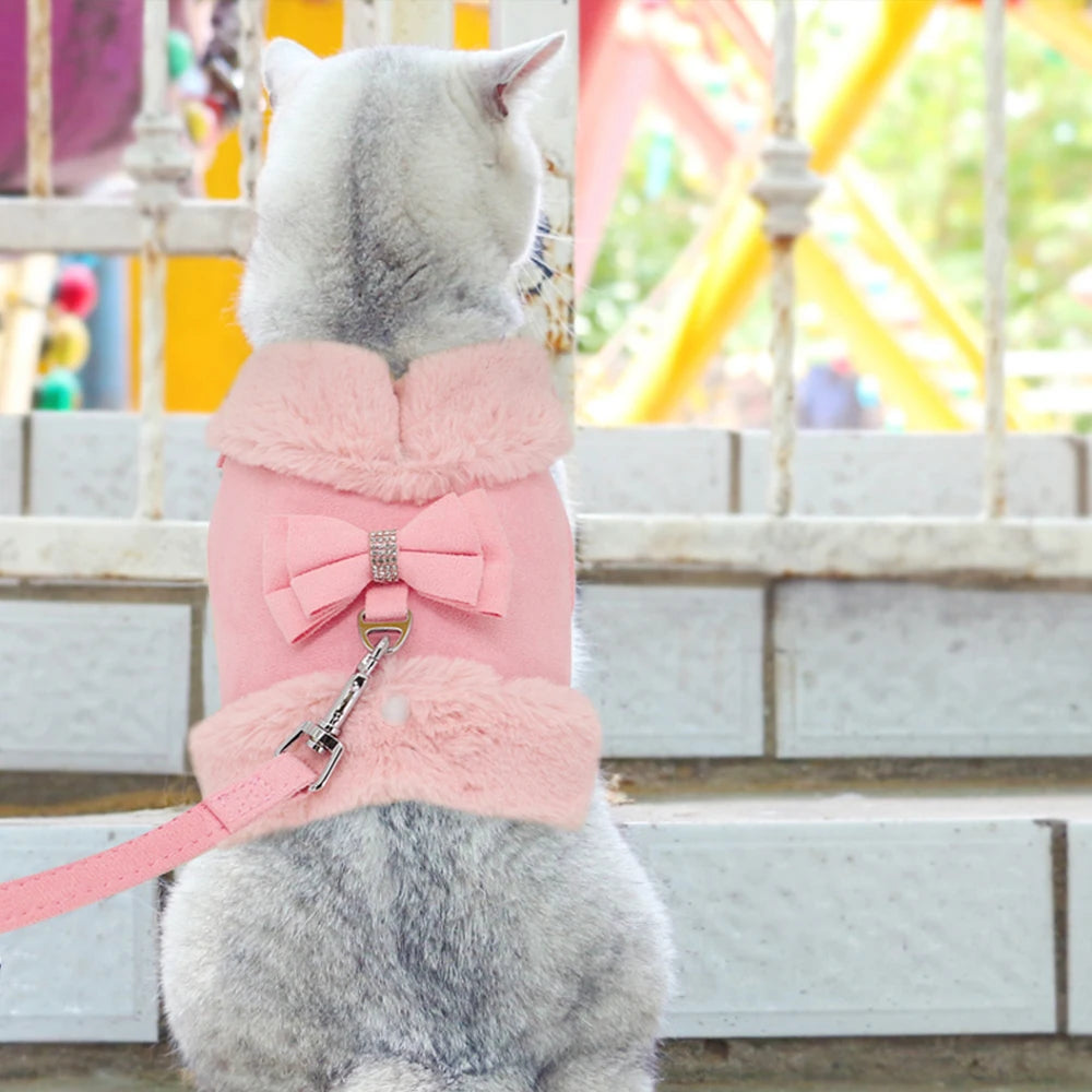 Soft Warm Dog Vest Harness and Leash Set Cute Bowknot Pet Winter Clothes Vest Warm Fur Small Dog Clothing French Bulldog Pink
