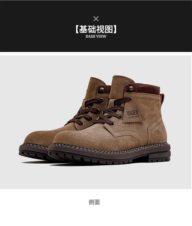 Maden Autumn and Winter Mid-top Work Boots for Men Round-toed Flat-heeled Boots Retro Outdoor Shoes Wear-resistant Rubber Sole
