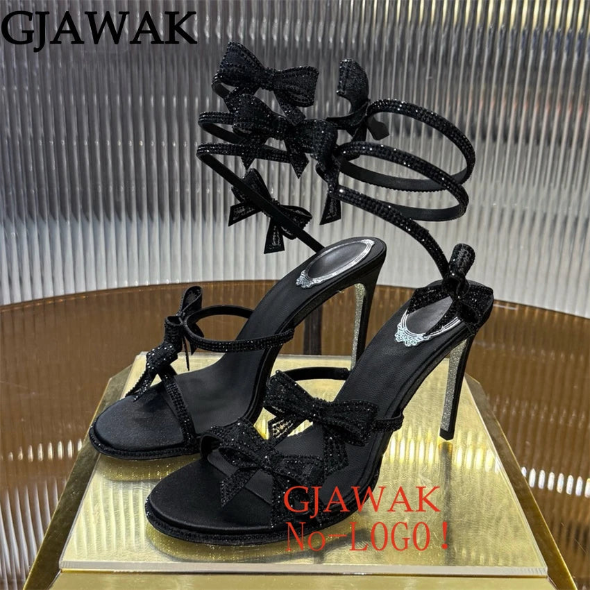Summer Crystal Bowknot High Heels Sandals Woman Twine Around Ankle Snake Wedding Shoes For Woman Runway Gladiator Sandals Women