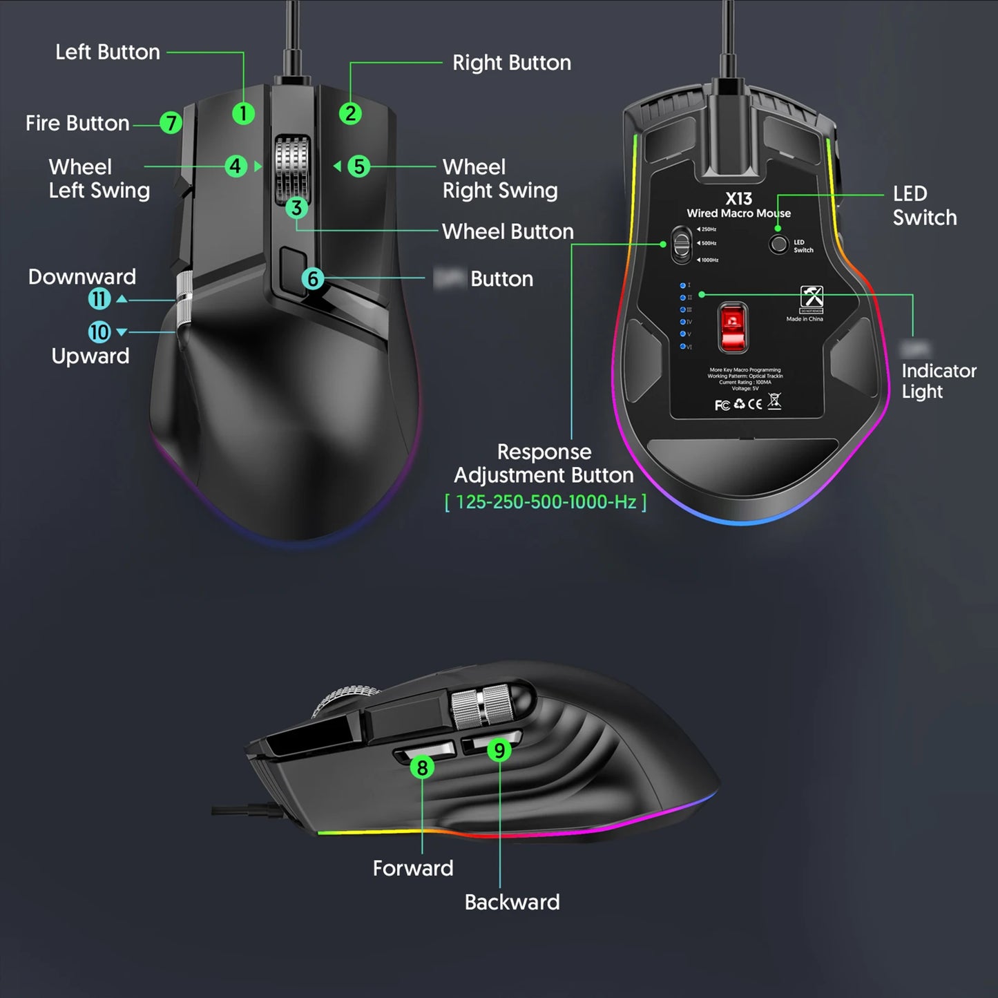 RGB Wired Gaming Mouse 7 Lighting Modes Dual Scroll Wheels Macro Programmable 1200-12400 DPI Ergonomic Design for PC Gamer