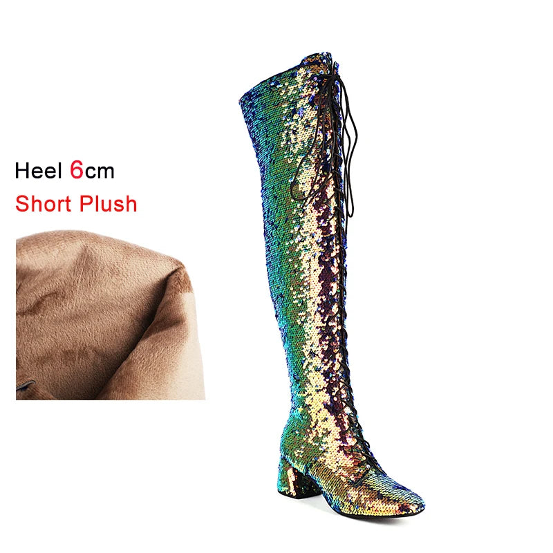 Glitter Bling Boots Women Over the knee Chunk High Heels Zipper Lace-Up Runway Lady Shoes Large Size Thigh High Boots Size 46