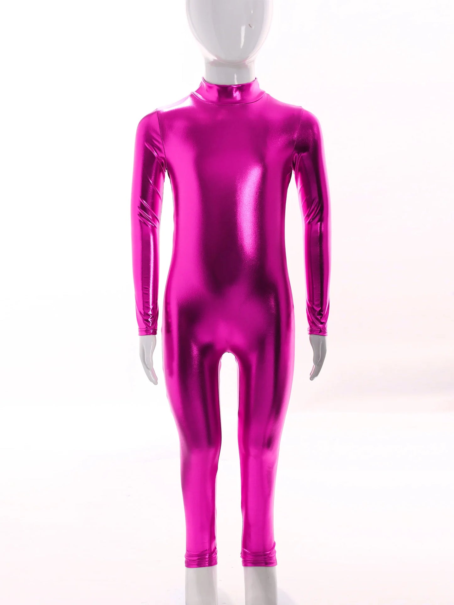 Kids Boys Girls Dance Metallic Jumpsuit Children's Gymnastics Bodysuit Performance Costume Long Sleeve Full Length Leotard