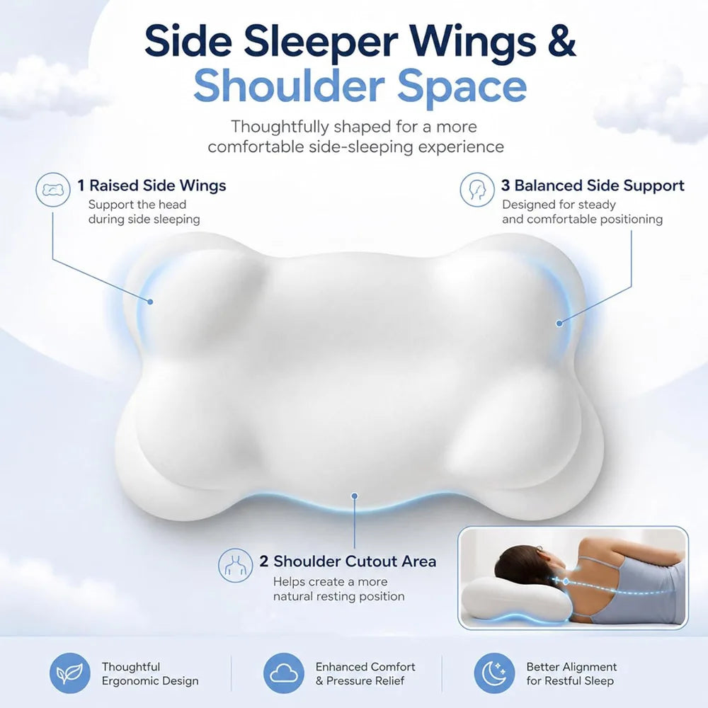 Cloud Pillow Cozy Sleep Pillow, Ergonomic Memory Foam Cervical Support Pillow for Side, Sleepers with Breathable Washable Cover