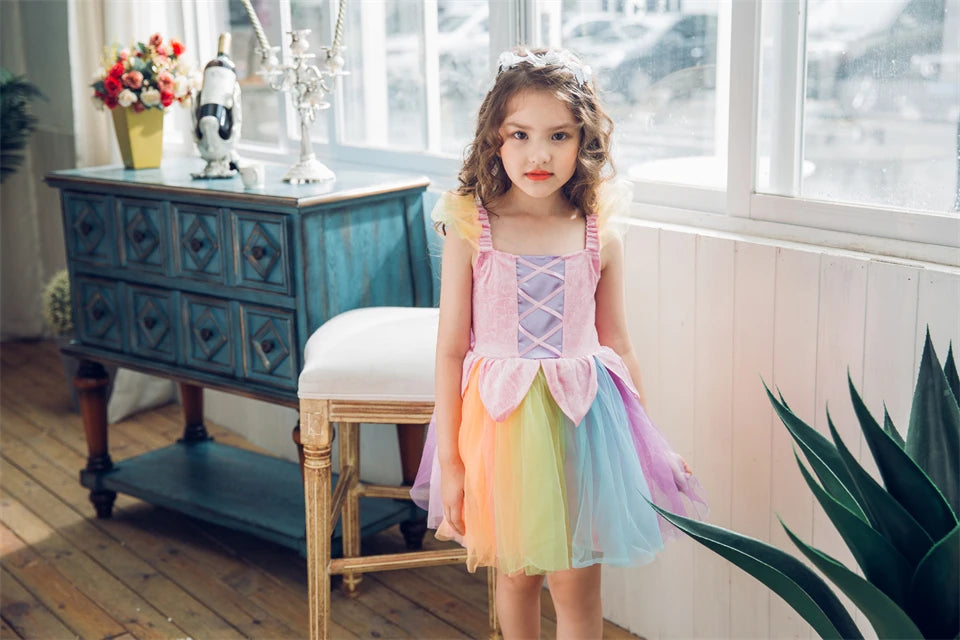 Cheap Top Quality Summer Fancy Baby Girl Fairy Rainbow Tutu Dress Halloween Cosplay Elf Princess Carnival Infant Party Ball Gown