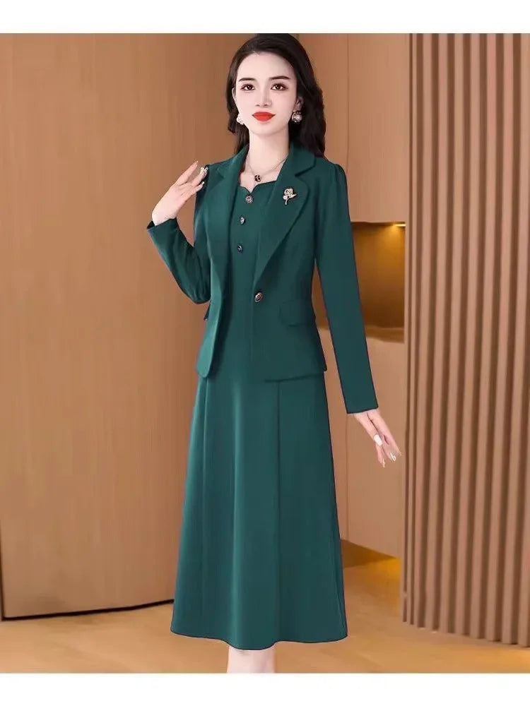 Elegant Slimming Autumn Winter Wedding Dress Set Long Ankle Length Cocktail Dresses with Suit Jacket for Wedding Banquet