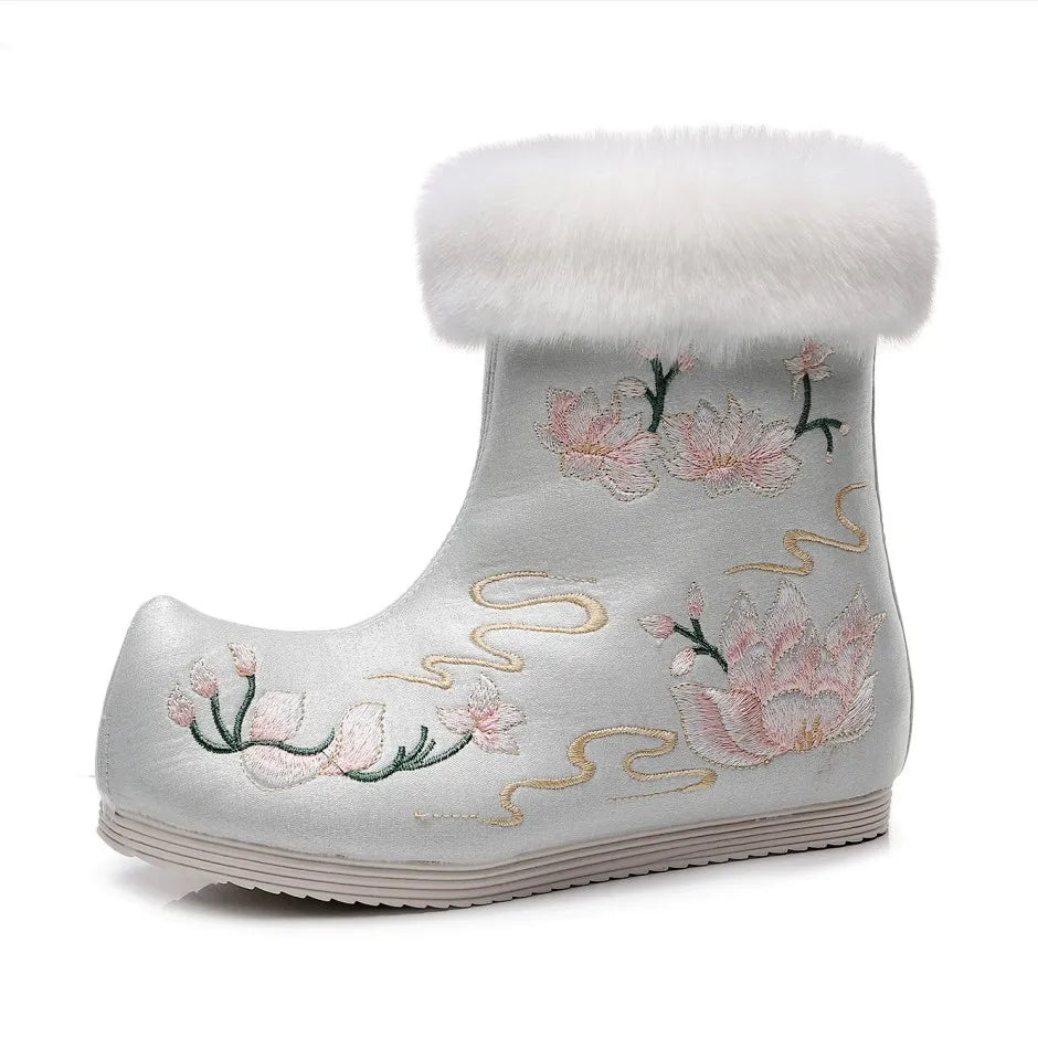 Winter Fashion Shoes Embroidered Fur Boots For Woman Bota Ancient Costume Botines Para Mujeres Hanfu Women's Boots Botas Mujer