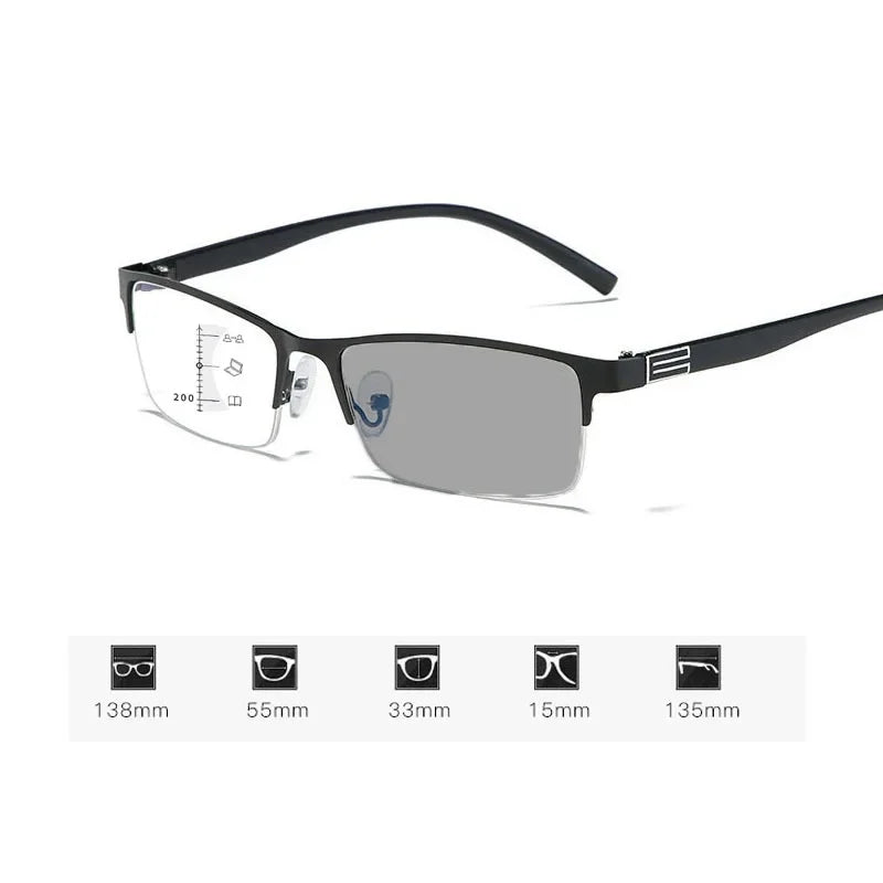 Photochromic Multifocal Reading Glasses Business Half Frame Presbyopia Eyewear Classic Color Changing Anti Blue Light Eyeglasses