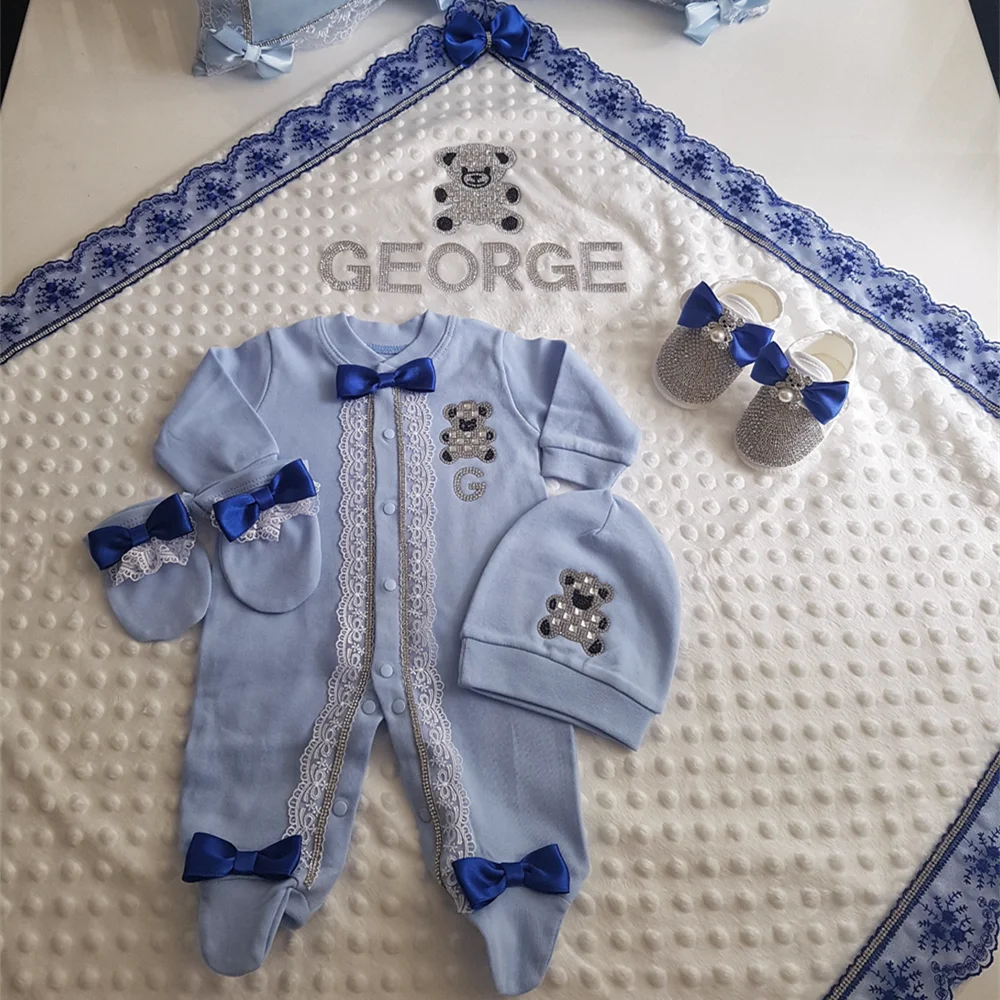 5pcs Baby Girl Outfits Set Welcome Home Hosptial Infant Receiving Blanket Pillow Bed Hat Mittens Romper Set