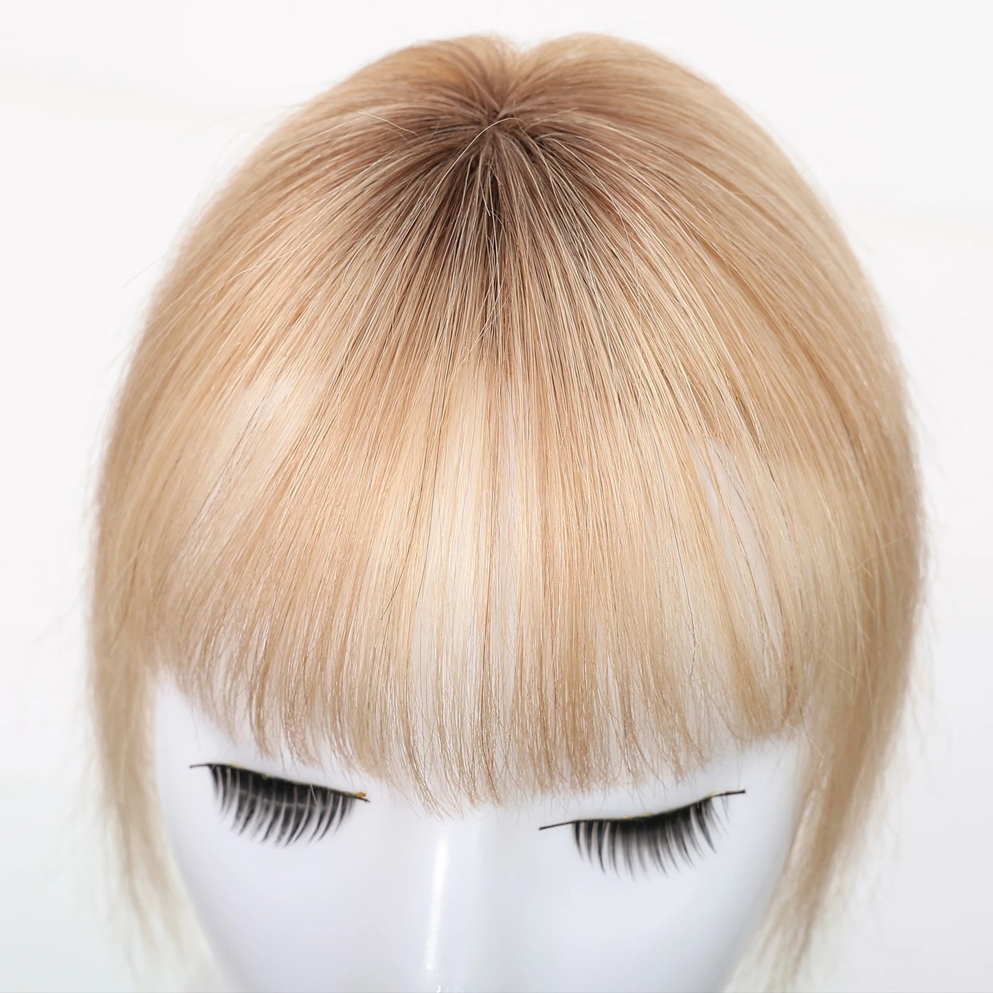 100% Human Hair Blonde Ombre Blunt Cut Wispy Bangs with Sideburns 5x5cm Clip-in Fringe Hairpiece with Top Hair Patch for Daily
