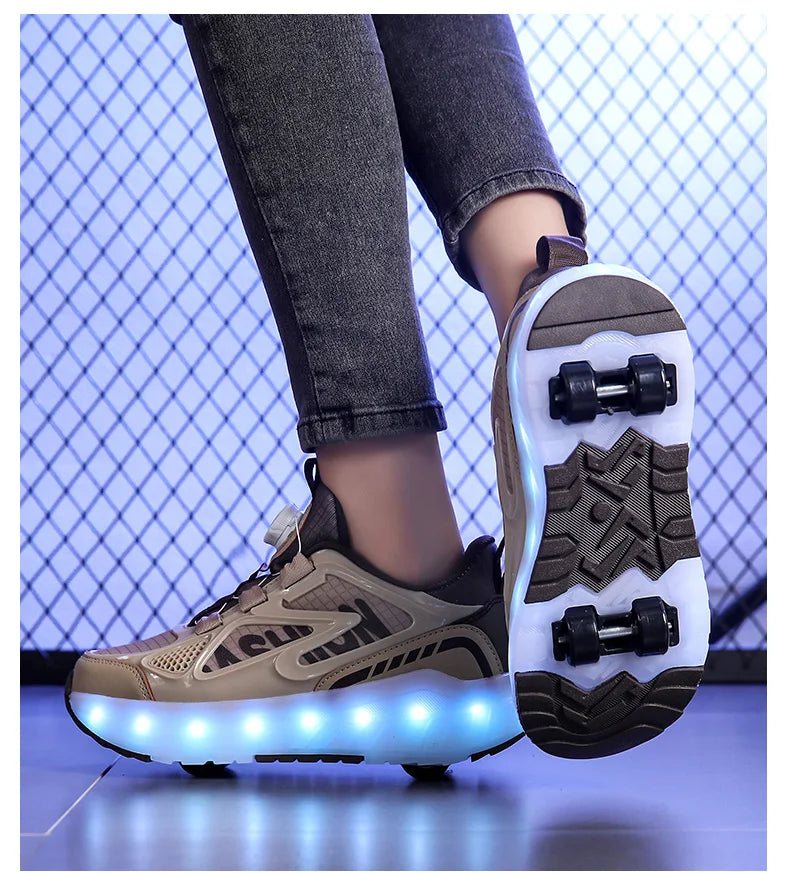 Children's Roller Skate Shoes 4-Wheels Removable Wheeled Rolling Shoes for Kids with LED Light Inline Skate Sneaker