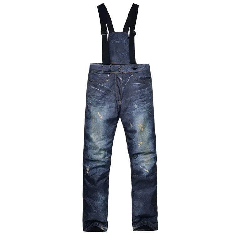 style denim ski pants suspenders denim ski pants men's skating snowboard waterproof, windproof and warm ski pants