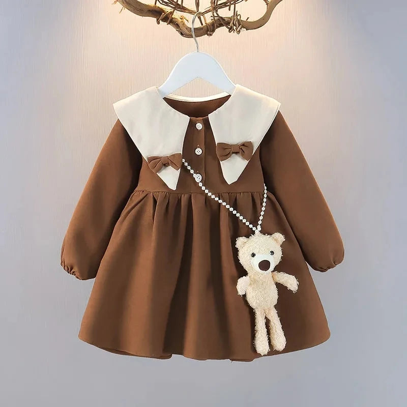 Spring and Autumn Girls' Baby Dress New Children's Fashionable Doll Neck Long Sleeve Dress Red Girls' Princess Dress