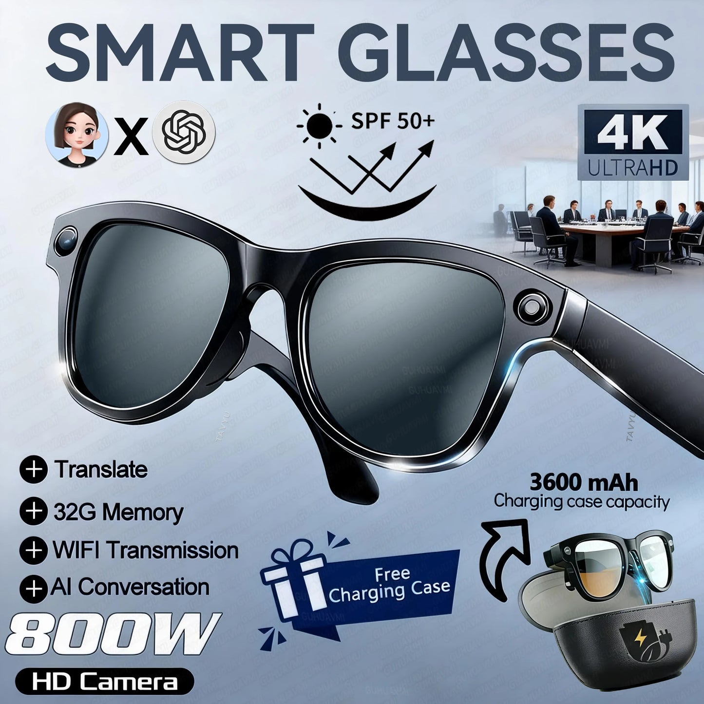 2026New 8MP 4K HD Camera AI Glasses Men 3600mAh Power Bank 32G Memory 160+ Translation Glasses Waterproof Smart Sunglasses Women