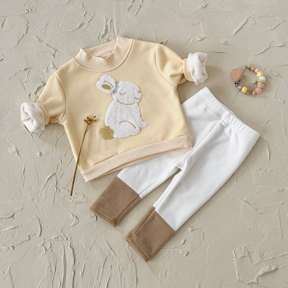 Baby Girl Cute Rabbit Pattern Embroidery Long Sleeved O-neck Sweatshirt+casual Simple Pants Set Autumn Winter Thickened Set