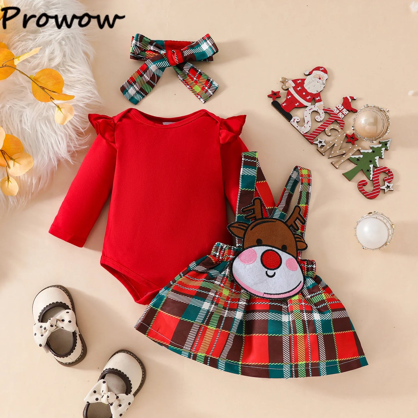 Prowow Baby Girls Christmas Outfits Set Red Bodysuit+Plaid Deer Suspender Dress Set 3pcs My First New Year Costume For Baby 2026