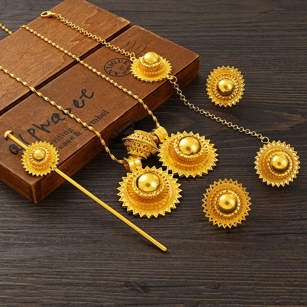 Ethiopian  Jewelry 2pcs Pendant/Necklace/Earring/Ring/Bracelet Gold Color Eritrea Set Man Women's Habesha Wedding Party Gift