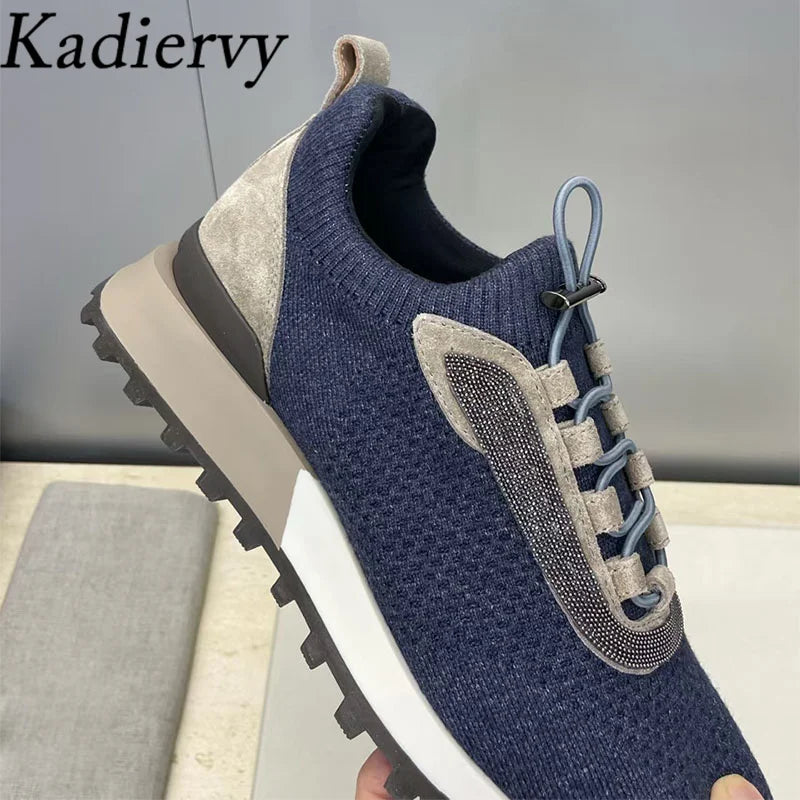 Casual Sneakers Women Round Toe Patchwork Outdoors Running Shoes Cosy Walking Shoes String Bead Lace Up Flat Sports Shoes Woman