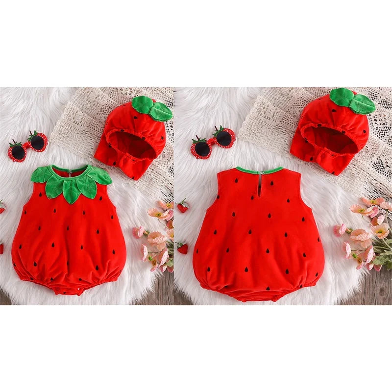 Infant Unisex Baby Halloween Costume Fruits Bodysuit Sleeveless Leaf Trim Strawberry Shape Romper with Hat