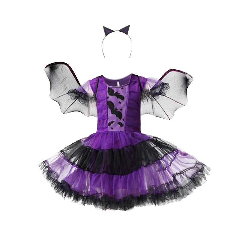 2-12T Halloween Costume for Kids Girls Purple Bat Dress Carnival Vampire Costume Witch Cosplay Clothes Carnival Party Gifts