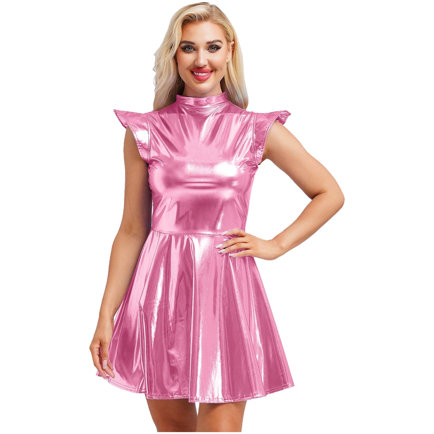 Womens High Waist A-line Dress Shiny Metallic Mock Neck Cap Sleeve Dress Modern Pole Dance Rave Party Bar Club Wear Street Wear