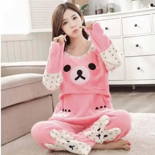Autumn Long Sleeve flannel Maternity Clothing winter Thin coral fleece Pajamas Set Pregnant Women Breastfeeding Nursing Pyjama
