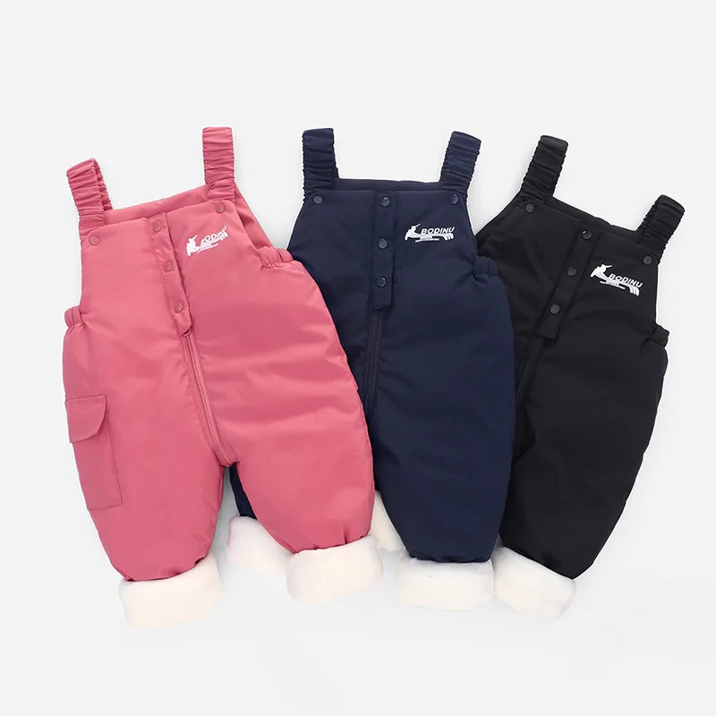 2025 Autumn Winter Baby Boys Overalls Solid Color Lining Plush Keep Warm Jumpsuit For 1-4Y Toddlers Kids Down Cotton Trousers