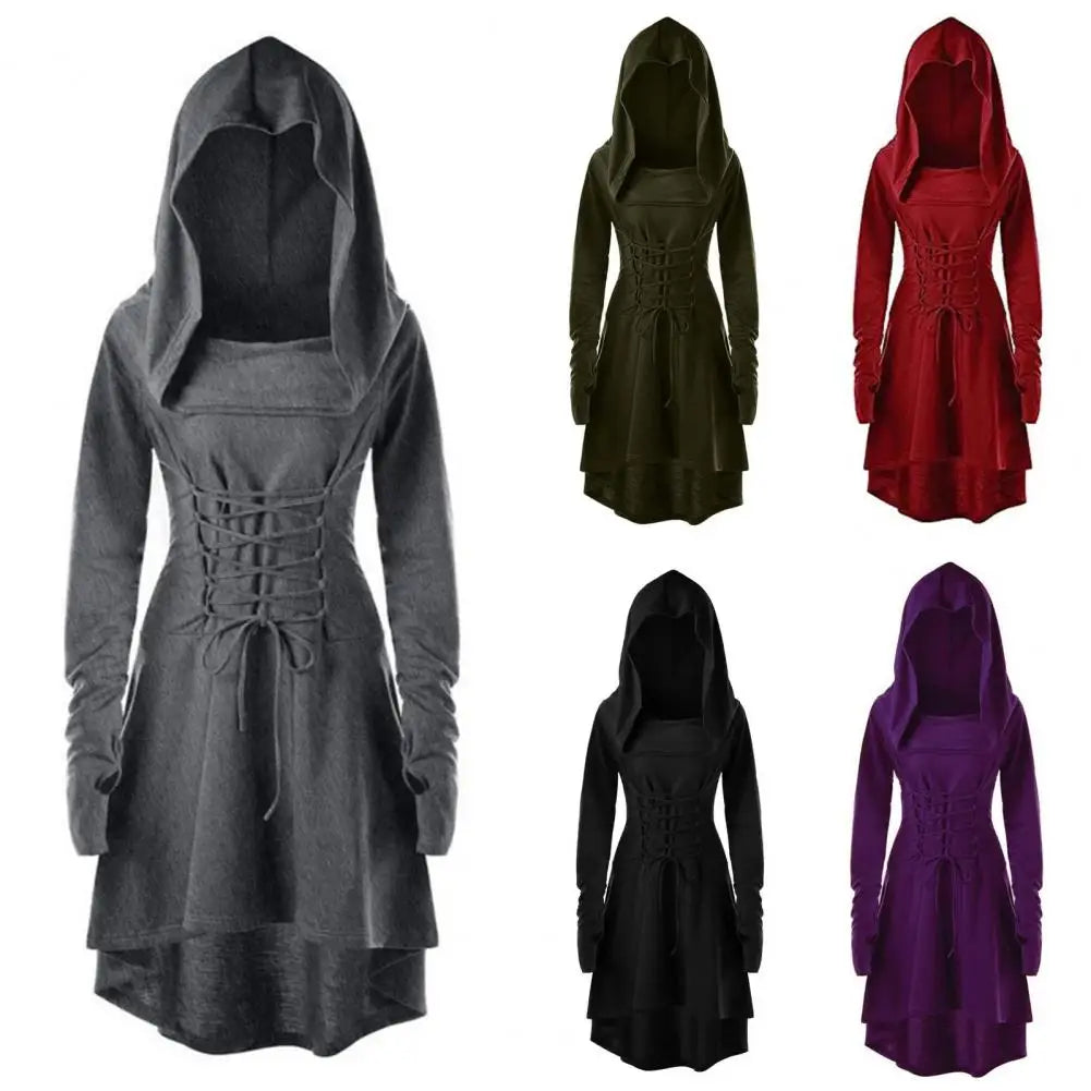 Women Milk Silk Dress Hooded Long Sleeves Lace-up Strap Slim Waist Irregular Hem Women Midi Dress Festival Party Halloween Dress