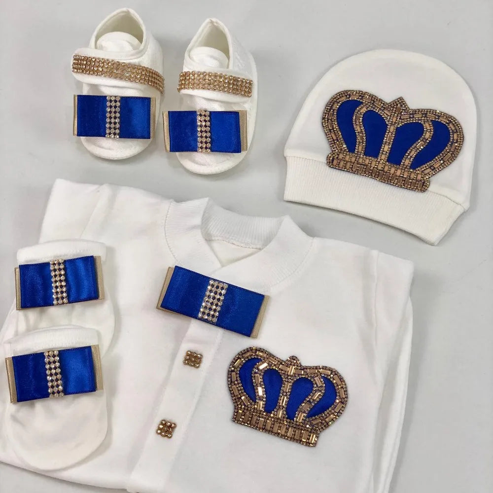 Dollbling Baptism Outfit Boy Prince Luxury Bling Christening Coming Home Romper Bonnet Set Mittens Nursery Hospital Clothing set