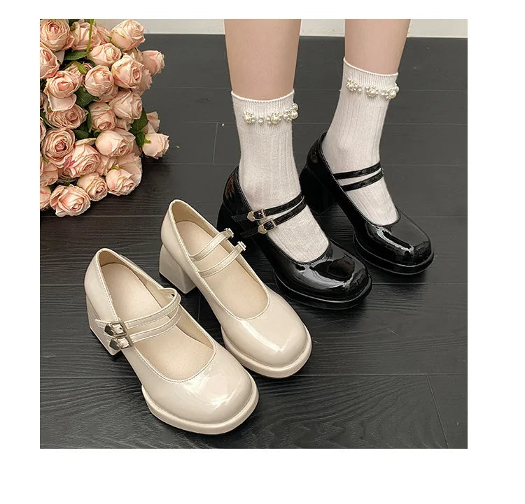 Women Chunky Heels Mary Jane Shoes Princess Spring New Fashion Platform Comfortable Black Soft Anti-slippery Dress Leather Shoes