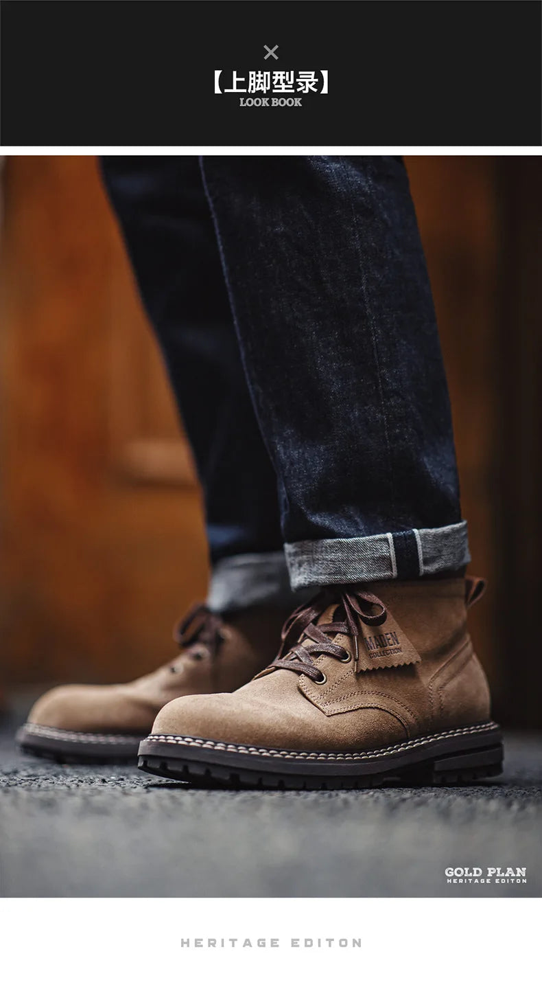 Maden Autumn and Winter Mid-top Work Boots for Men Round-toed Flat-heeled Boots Retro Outdoor Shoes Wear-resistant Rubber Sole