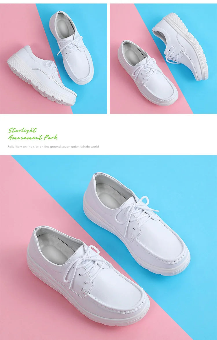 Platform White Shoes Women Casual Comfortable Light Nurse Work Shoes Fashion Slip on Non-slip Loafers Women Genuine Leather Shoe
