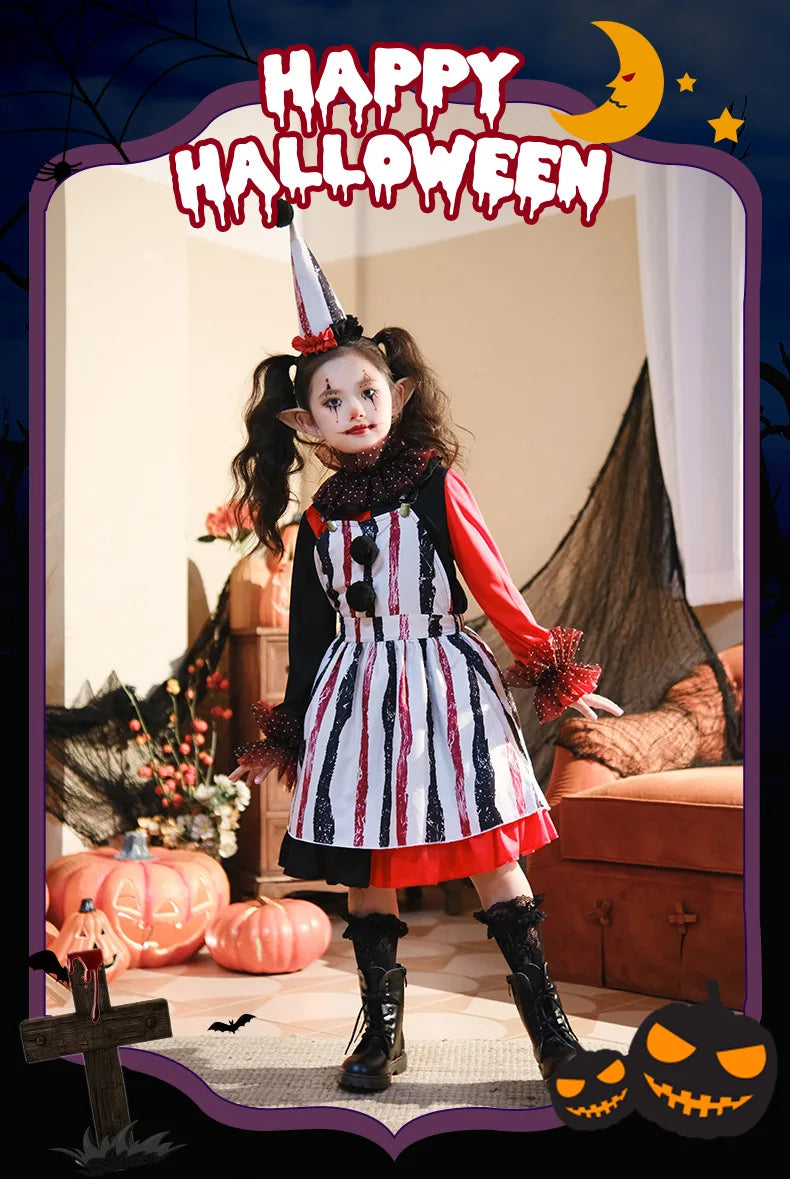 Halloween Cosplay Costumes Horror Clown Dresses Pants Headwear Clothes Sets Carnival Theme Party Role Playing Outfits for Girls