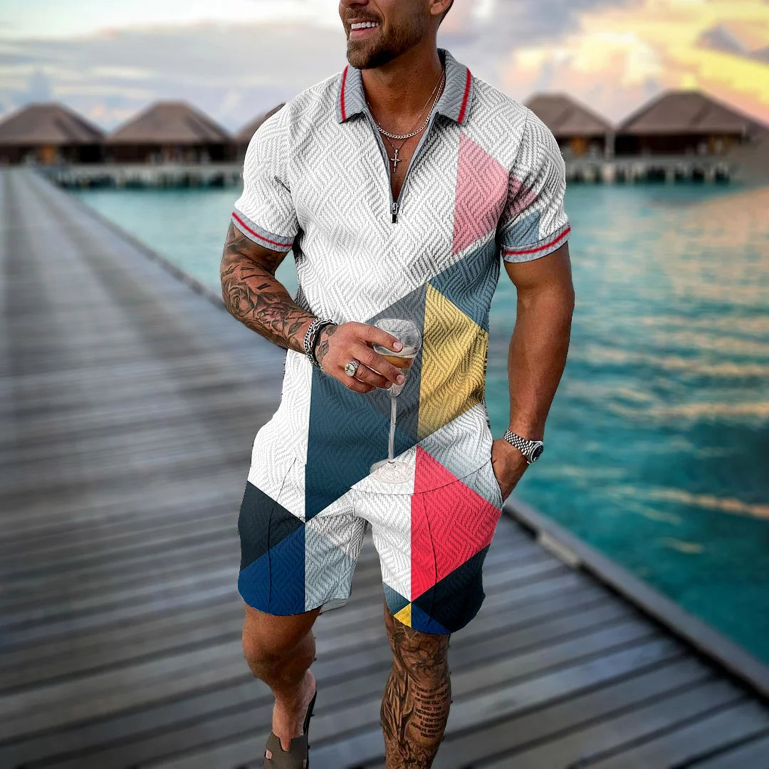 Men Tracksuit Summer New 3D Printed Beach Zipper Polo Shirts Shorts 2 Pcs Sets Boho Geometric Style Holiday Clothing Ropa Hombre