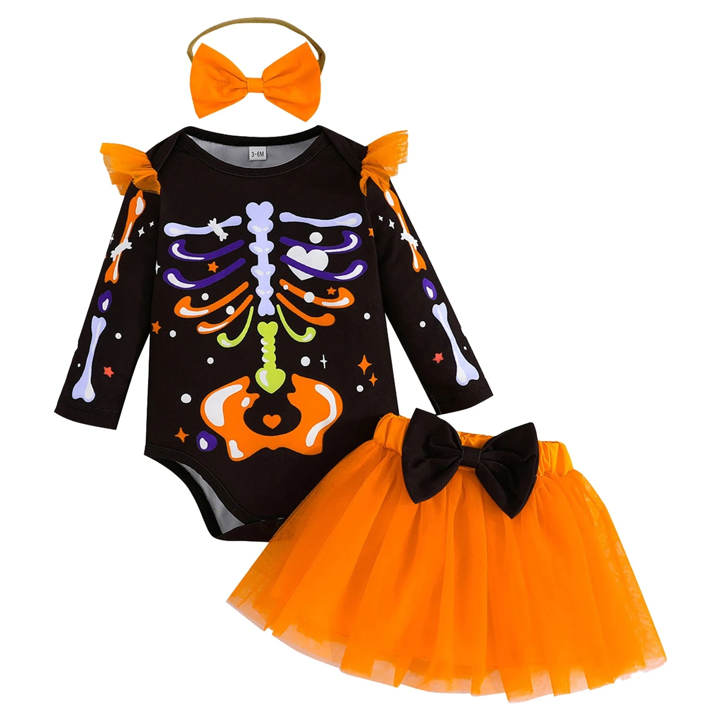 Infant Girls Halloween Theme Party Carnival Pumpkin Ghost Skeleton Cosplay Costume Skull Pumpkin Face Apparition Print Romper