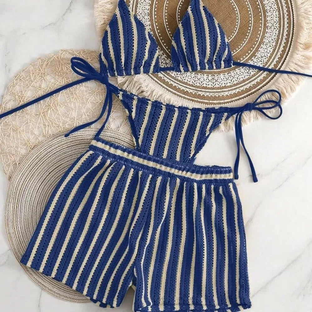 Fashion Stripes 3 in 1 Swimwear Set Lace Up Slim Fit Bikini Bathing Suit Deep-V Sleeveless Knitting Swimsuit Vacation
